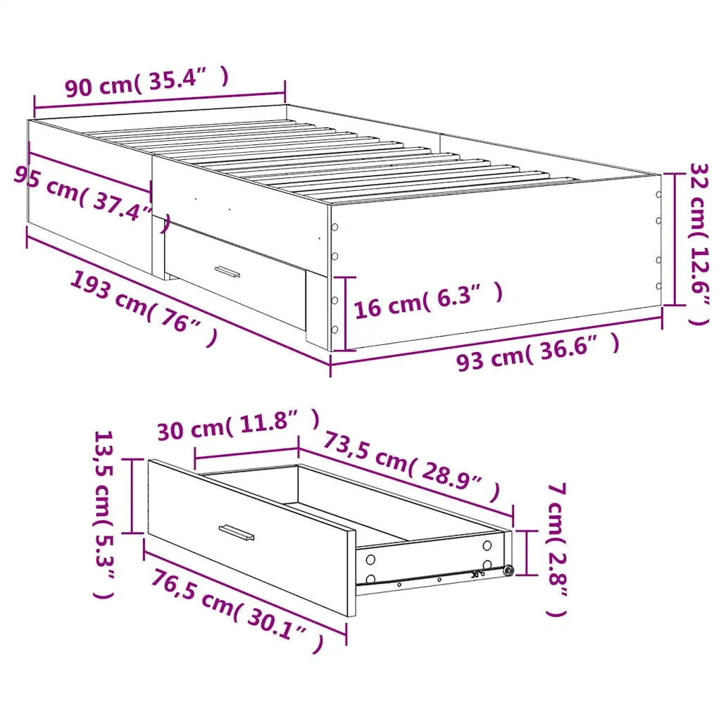 Letto singolo | Letto per adulti | Giroletto Cassetti Grigio Sonoma 90x190 cm Legno Multistrato