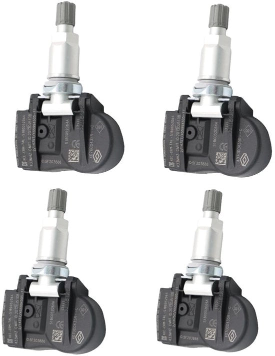 Sensore di pressione pneumatici 4 pezzi - Compatibile con Renault Fluence/Laguna/Megane - Frequenza 433 MHz - Nuovo - Nero/Argento - TPMS