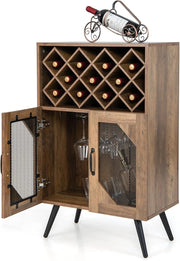 Credenza Cucina Industriale, Cantinetta Vino Legno con Ripiano Estraibile di Bottiglie, 2 Ante in Rete e Dispositivo Antiribaltamento, Mobile a Buffet, Bar, Marrone, 59,5 x 35 x 95,2 cm