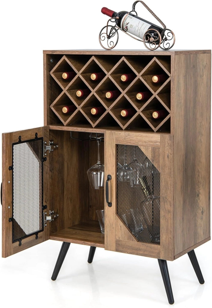 Credenza Cucina Industriale, Cantinetta Vino Legno con Ripiano Estraibile di Bottiglie, 2 Ante in Rete e Dispositivo Antiribaltamento, Mobile a Buffet, Bar, Marrone, 59,5 x 35 x 95,2 cm