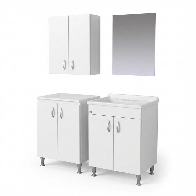Mobile lavanderia con lavatoio in nobilitato idrofugo 60x50, base 2 ante, pensile e specchio 45x60  Bianco  Negrari