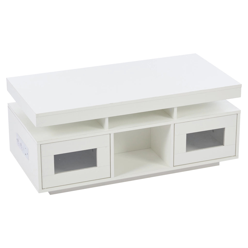 OKWISH Tavolino da Salotto con 2 Ante, 2 Vani e 1 Ripiano, LED e Presa USB, per Soggiorno, Bianco, 100 x 50 x 43 cm