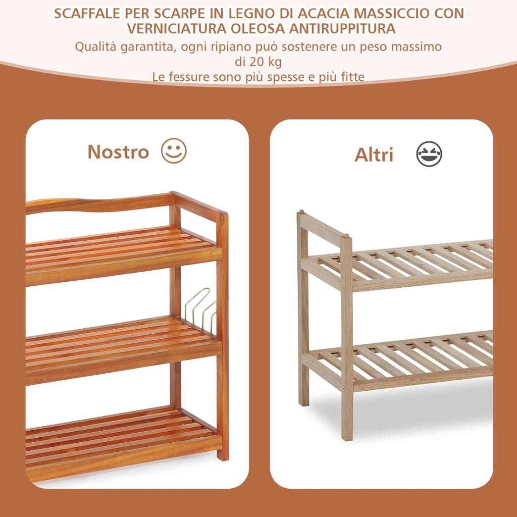 Scarpiera a 2 Livelli, Scaffale per Scarpe in Legno di Acacia Solido con Ganci Laterali in Metallo, Contiene 12 Paia, Capacità di Ogni Ripiano 20 kg, 74 x 26 x 42 cm (3 Livelli)