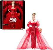 Barbie Signature 80° Anniversario Mattel, bambola bionda da collezione in abito in tulle rosso scintillante con orecchin