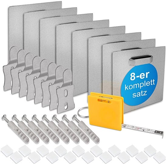 Ophangset in Alu Dibond e vetro acrilico, set di 8 pezzi per la sospensione di dipinti o specchi, fino a 8 kg.