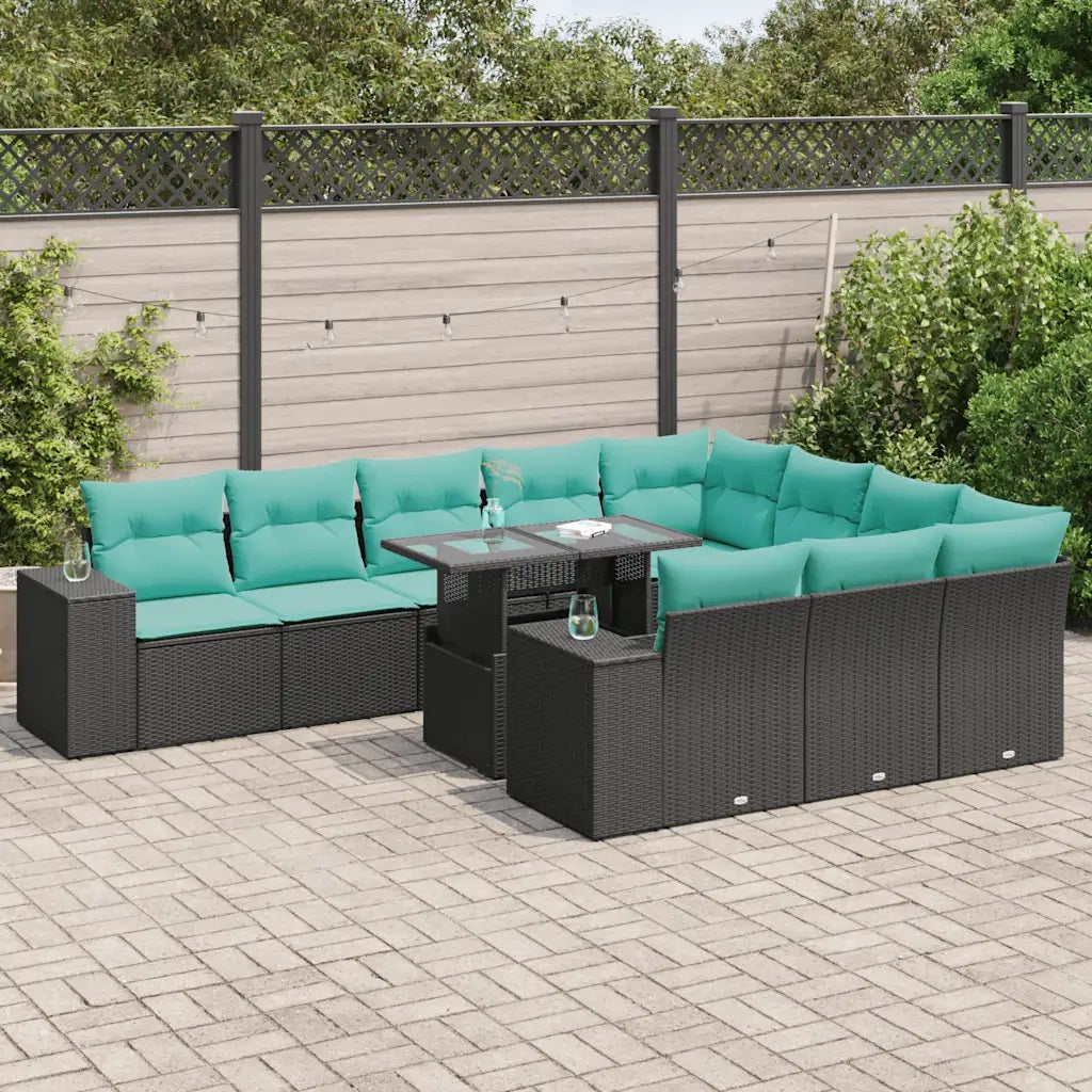 Set Divani da Giardino 11 pz con Cuscini Polyrattan Acacia Nero