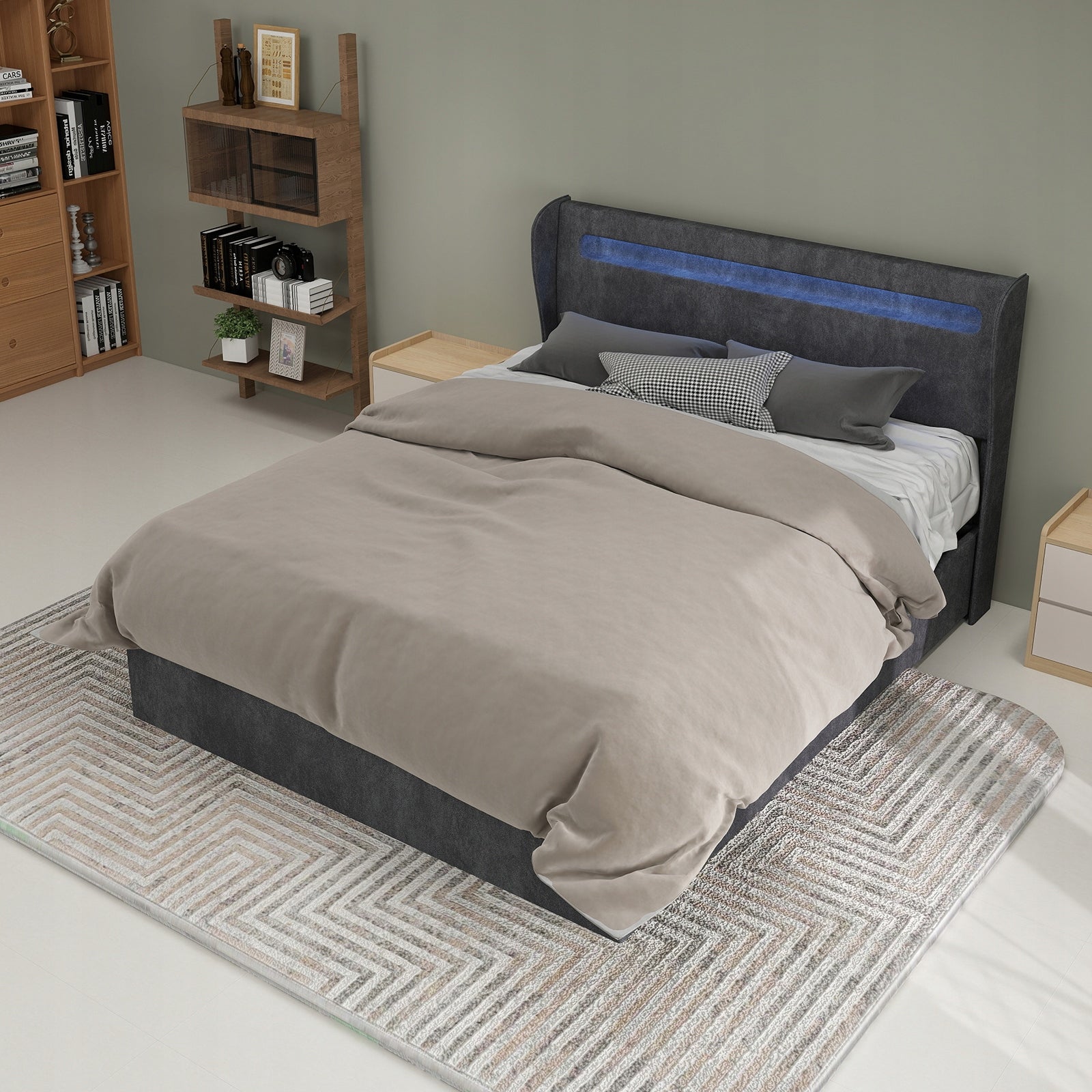 Letto imbottito 140x200 - Xylo - Grigio con LED e struttura sollevabile