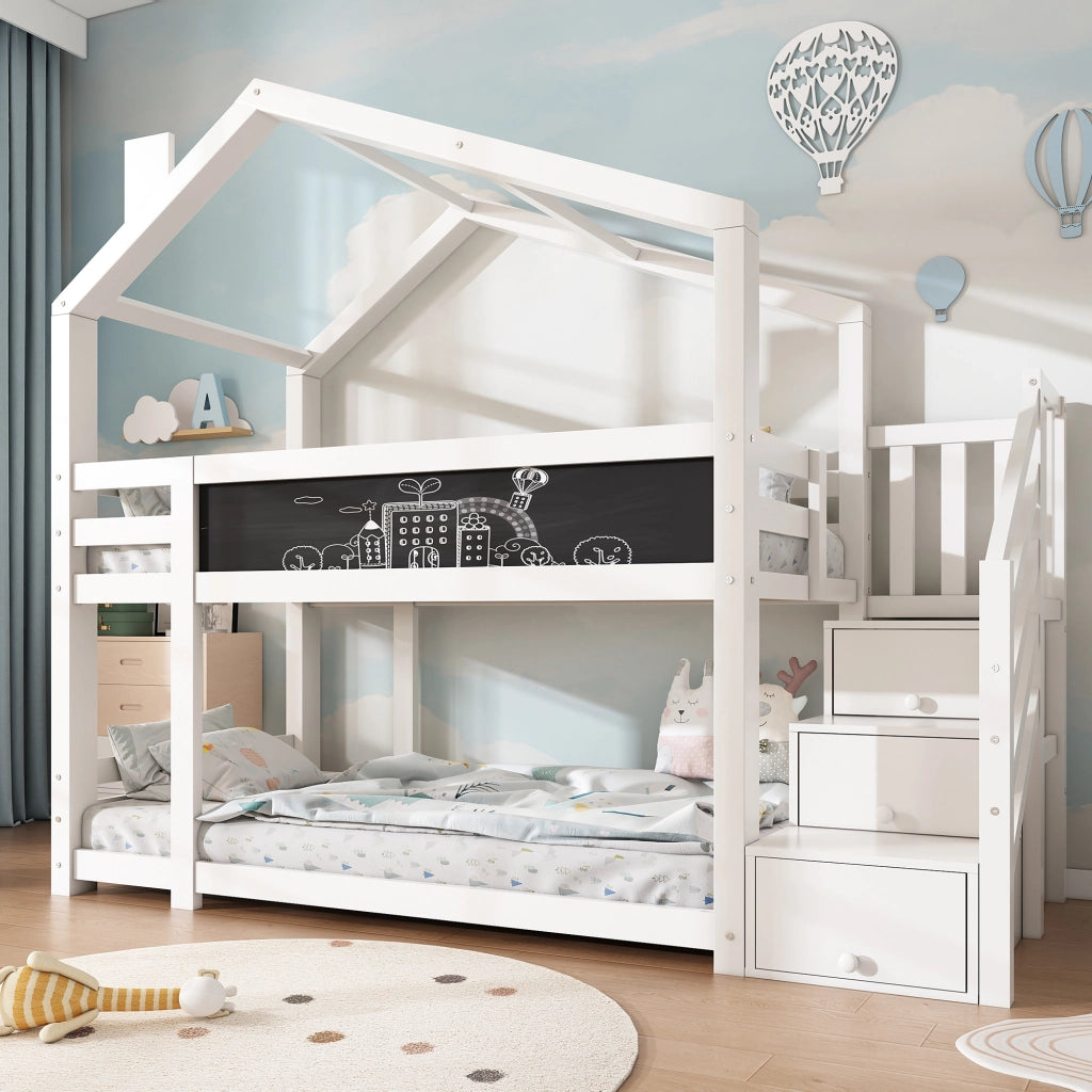 OKWISH Letto a Castello a Casetta 90×200 cm, Letto Singolo con Contenitore, Cassetti e Lavagna, con Barriera, senza Materasso, Bianco
