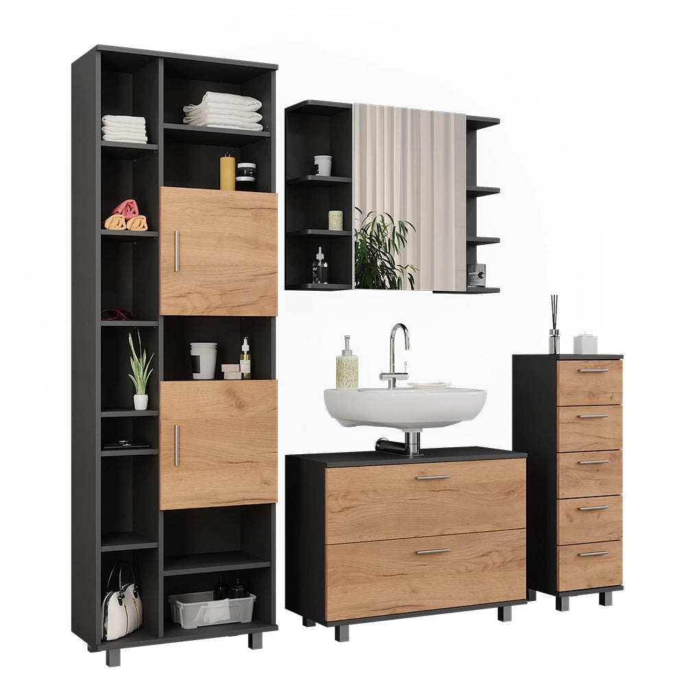 Vicco Set di mobili da bagno Quercia dorata/antracite 4 pezzi, con colonna