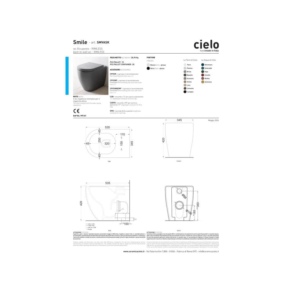 Coppia Di Sanitari Ceramica Cielo Da Terra Senza Brida Bianco Lucido "Smile 53"