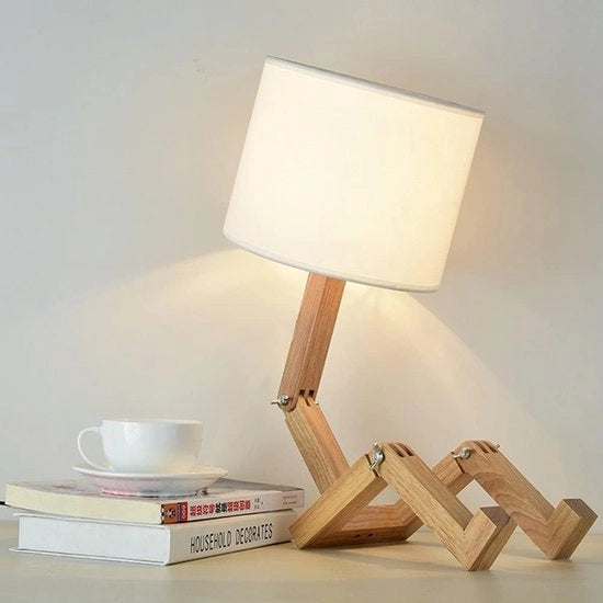 Lampada da scrivania Robotica creativa lampada da letto in legno con cappuccio in tessuto - E27 a vite - camera da letto per bambini - ufficio - soggiorno - illuminazione decorativa