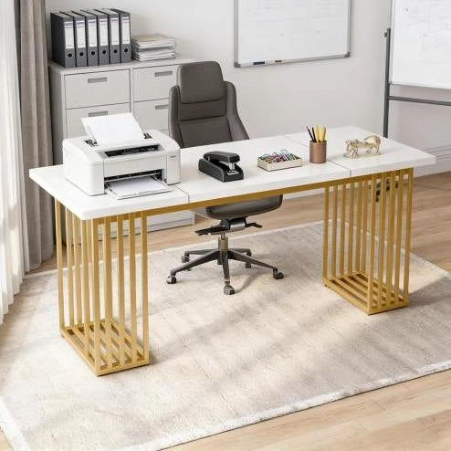 Scrivania da ufficio 180 cm bianca e oro in legno e metallo