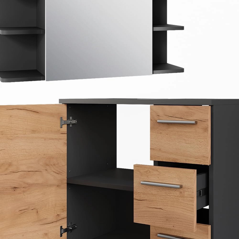 Set di mobili da bagno Ilias, Antracite/quercia dorata, 60.2 cm, composto da mobile lavabo, pensile a specchio, colonna e base media