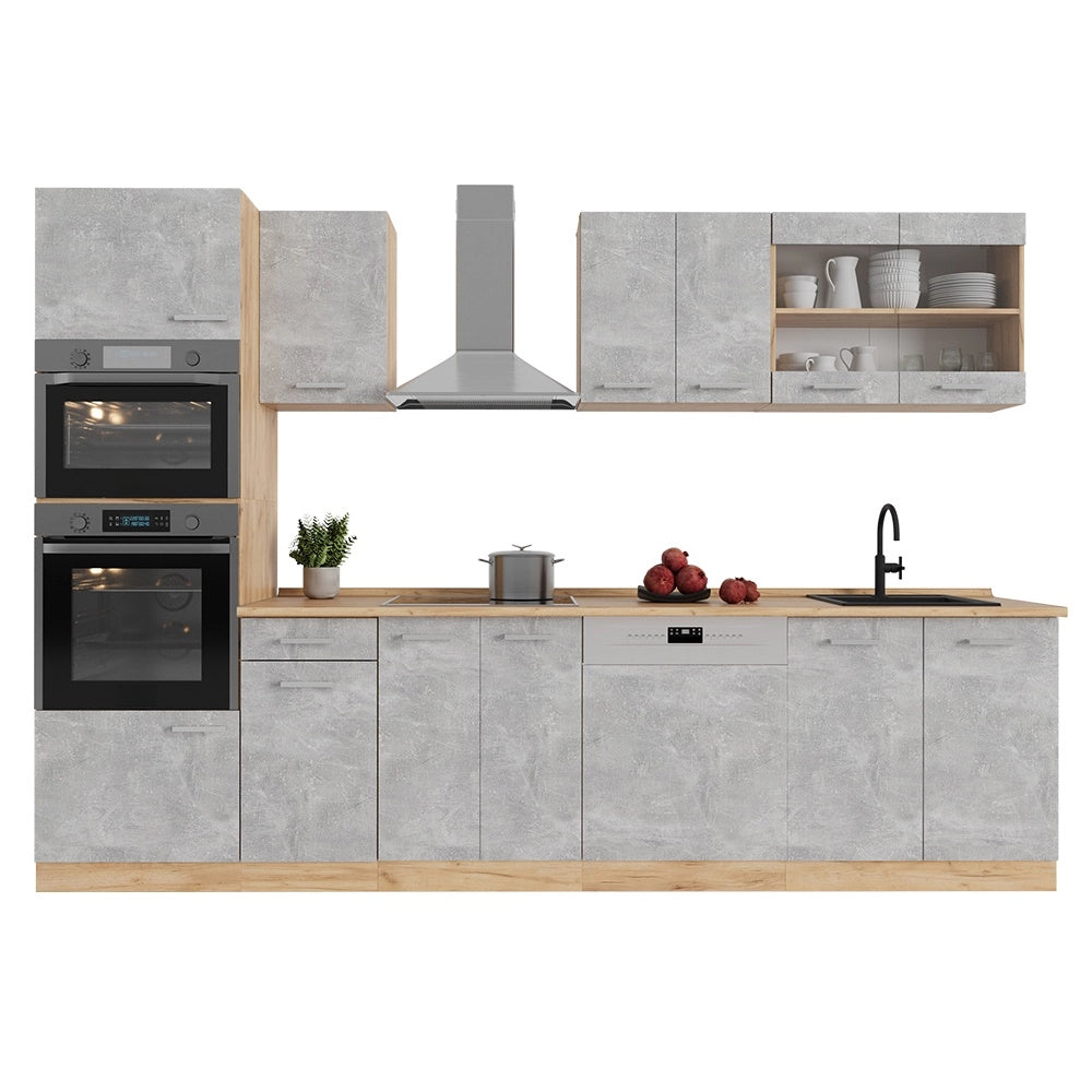 Cucina componibile R-Line Calcestruzzo/Rovere dorato 300 cm con armadio alto, PL Antracite Vicco