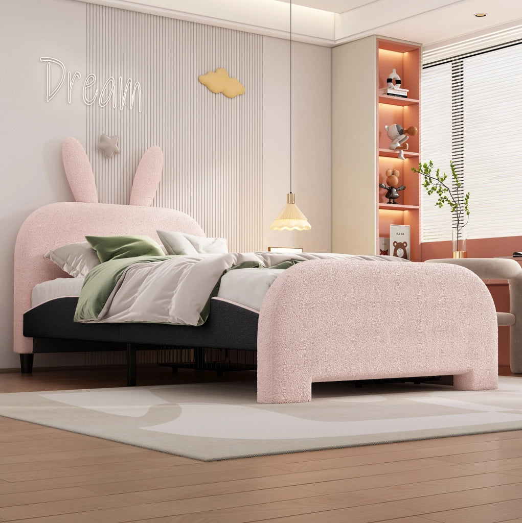 Letto per bambini con testiera a forma di coniglio; 90x200 cm; rosa; in plush e MDF con 2 cassetti