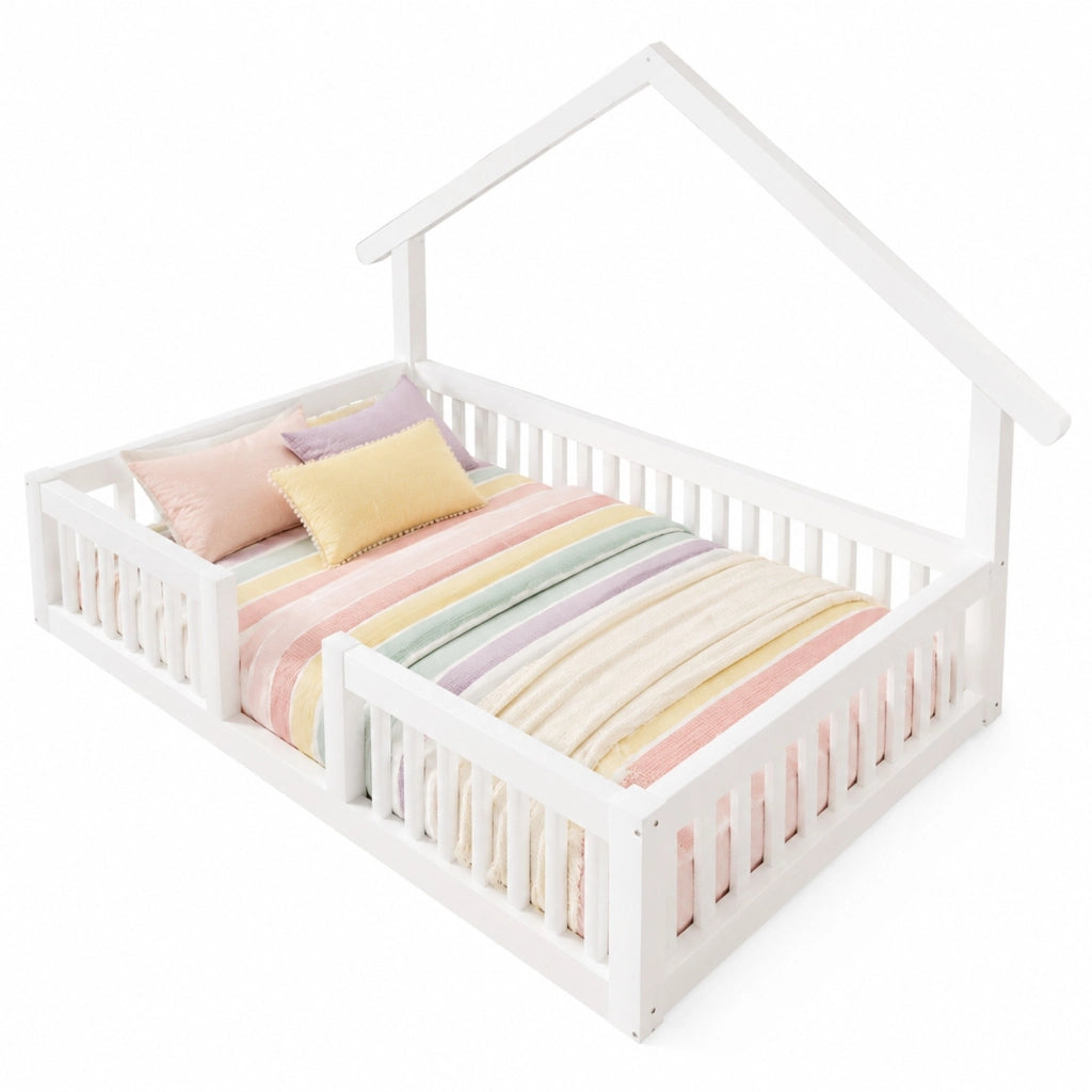 Letto a casetta per bambini con barriera di sicurezza e luci LED; 90 x 200 cm; bianco