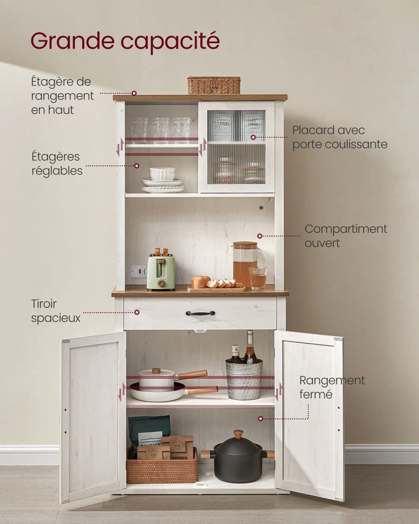Mobiletto portaoggetti con luci e caricabatterie mobiletto da cucina con ante e cassetti mobiletto portaoggetti/caffè ripiani regolabili 39,7 x 80,4 x 180,3 cm stile country bianco 12_0006414