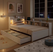 Letto singolo 90x200 cm con testiera con ripiano; cassetti e prese in legno bianco