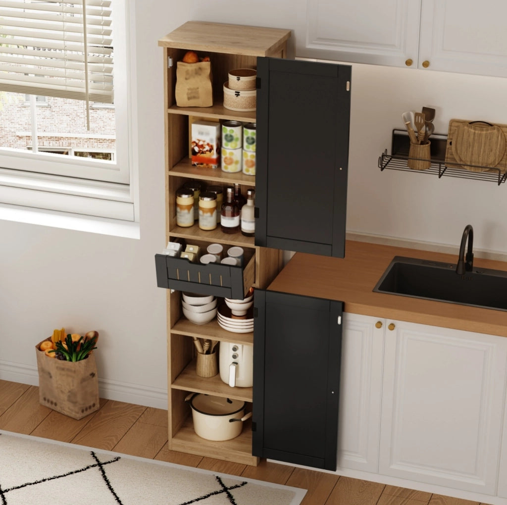 Armadio multiuso 40x30x170 cm con ripiani regolabili in MDF naturale e nero