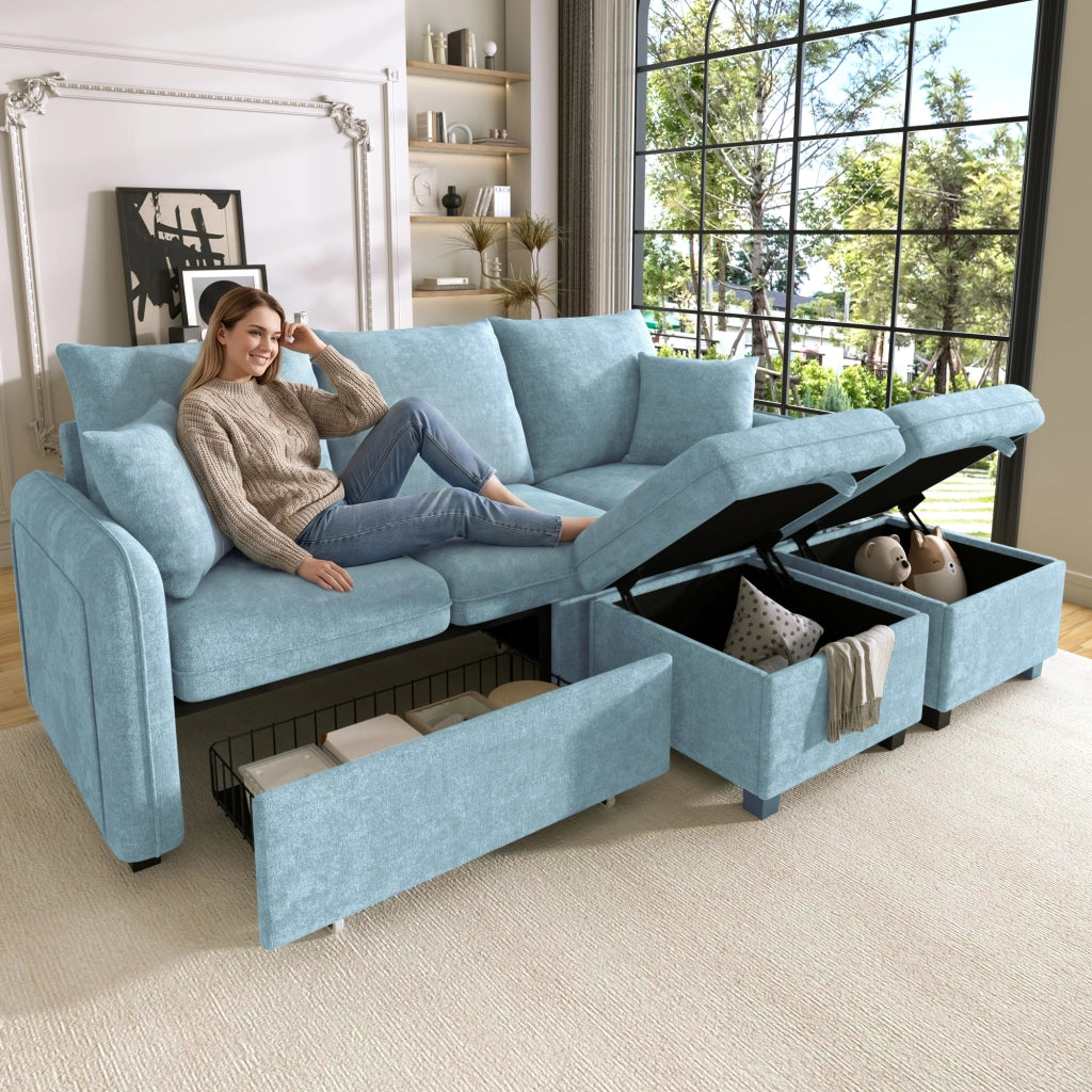 Divano angolare a U convertibile con funzione letto e contenitore, in chenille blu con pouf portaoggetti 3 pezzi