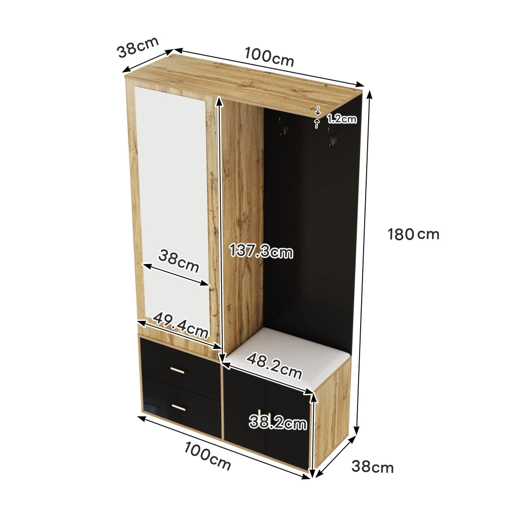 Mobile Ingresso con Specchio; Panca Scarpiera; 2 Ganci; Appendiabiti Estraibile; Lucido; Nero e Naturale; 100??38??180 cm