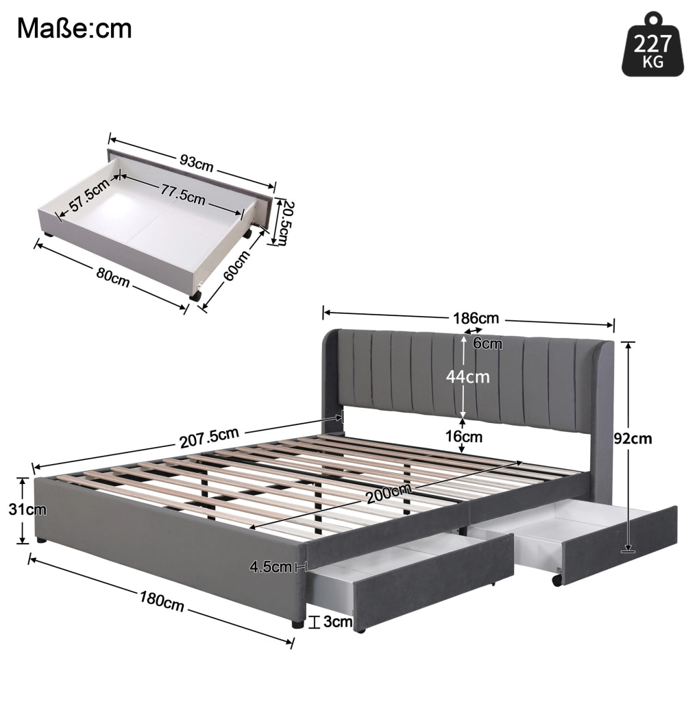 Letto matrimoniale 180x200 cm in velluto grigio con testiera e 2 cassetti; con rete a doghe