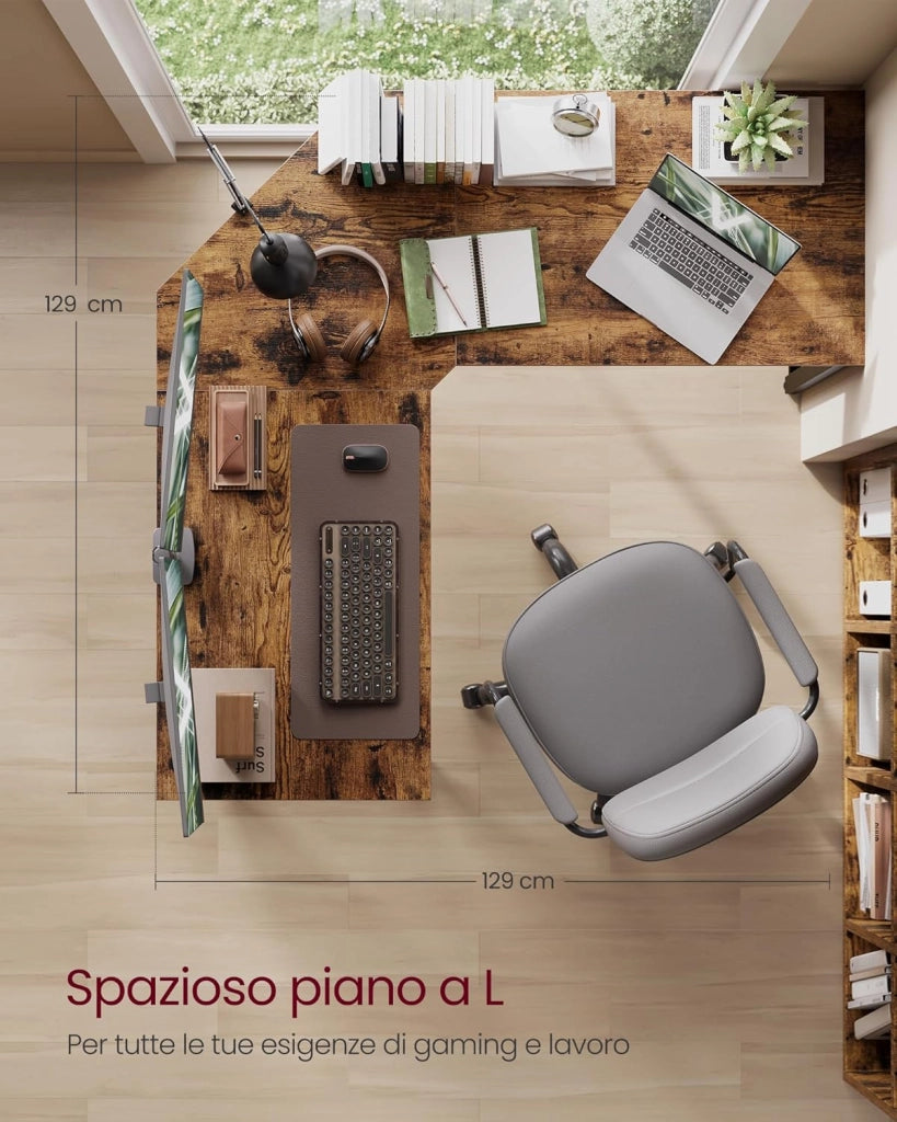 VASAGLE Scrivania Angolare, Scrivania per Computer a Forma di L, 129 x 129 x 76 cm, per Ufficio Studio Gaming, Marrone Vintage e Nero Inchiostro LWD124K01