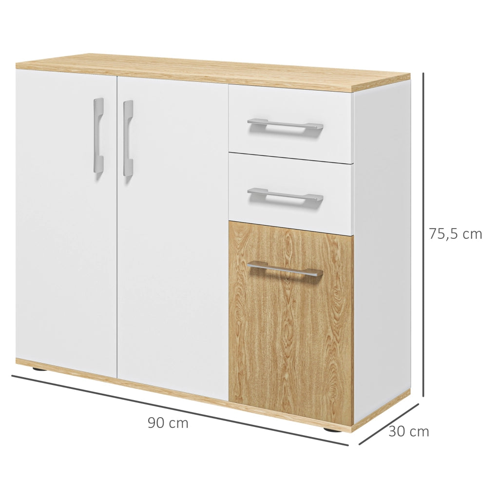 Buffet con 3 ante, 2 cassetti e ripiano regolabile ¨C zephmum ¨C bianco e legno naturale 90x30x75.5