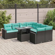 Set Divani da Giardino 9 pz con Cuscini Nero Polyrattan Acacia
