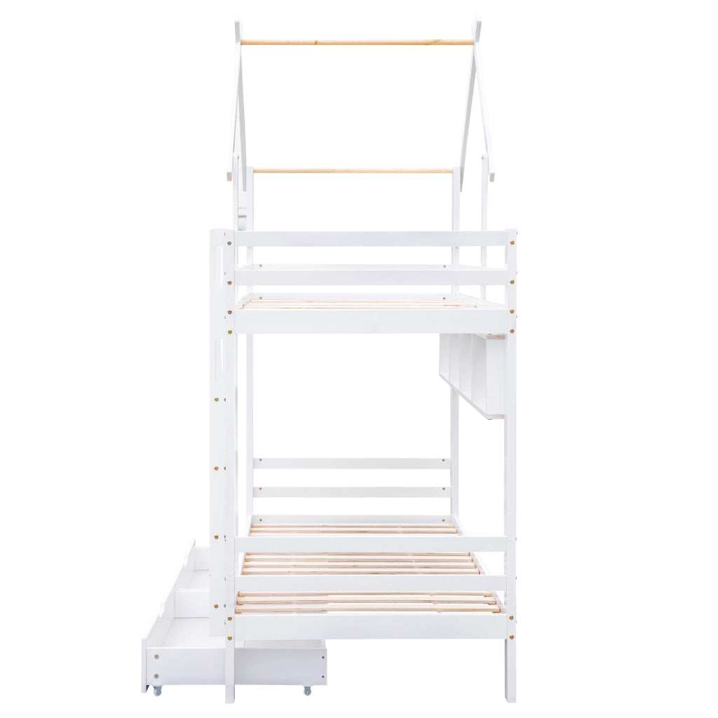 Letto a castello 90 × 200 cm con cassetti, ripiani e scala dritta, senza materasso, in legno, bianco