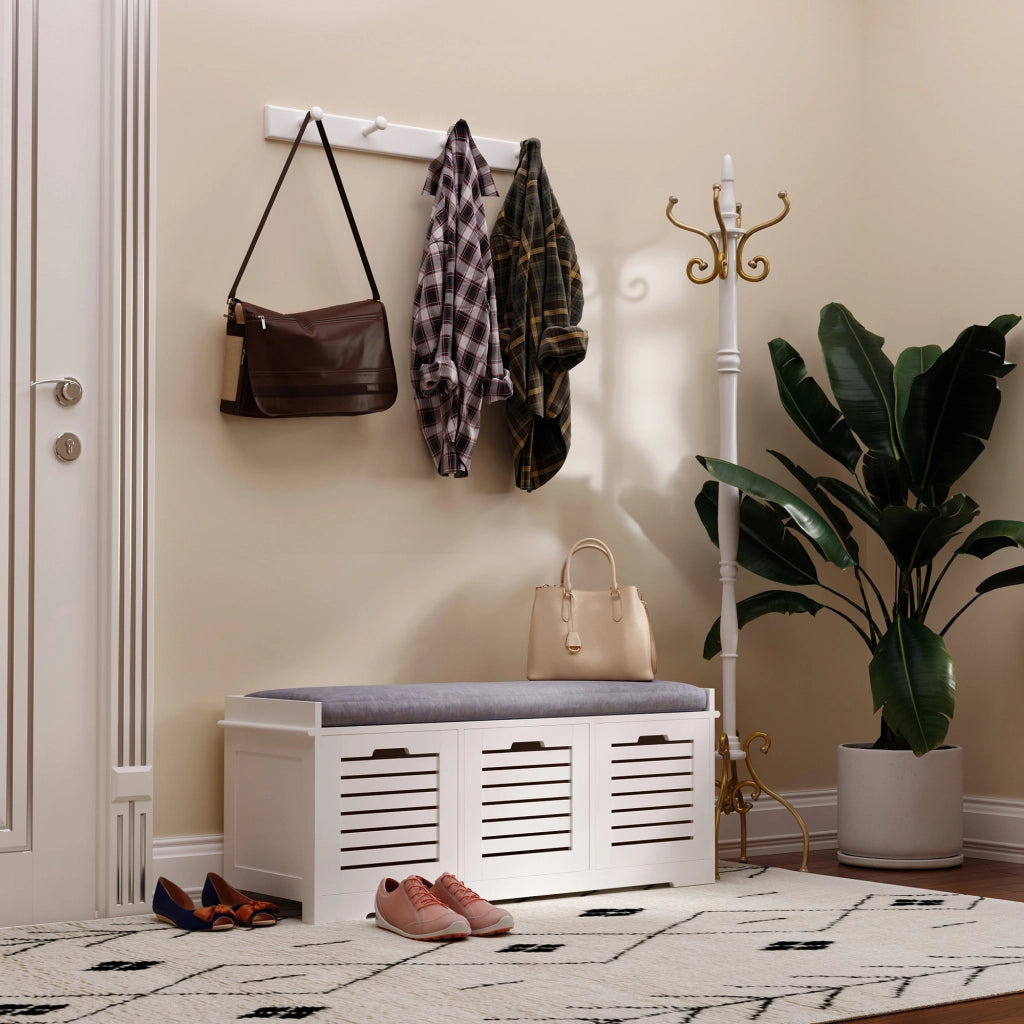 Panca Scarpiera con 3 Cassetti e Cuscino ¨C Zephmum ¨C Bianco 108x35x43 cm