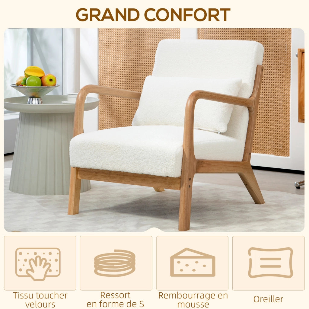 Poltrona lounge in velluto crema ¨C Xylo ¨C con 3 cuscini, braccioli, struttura in legno