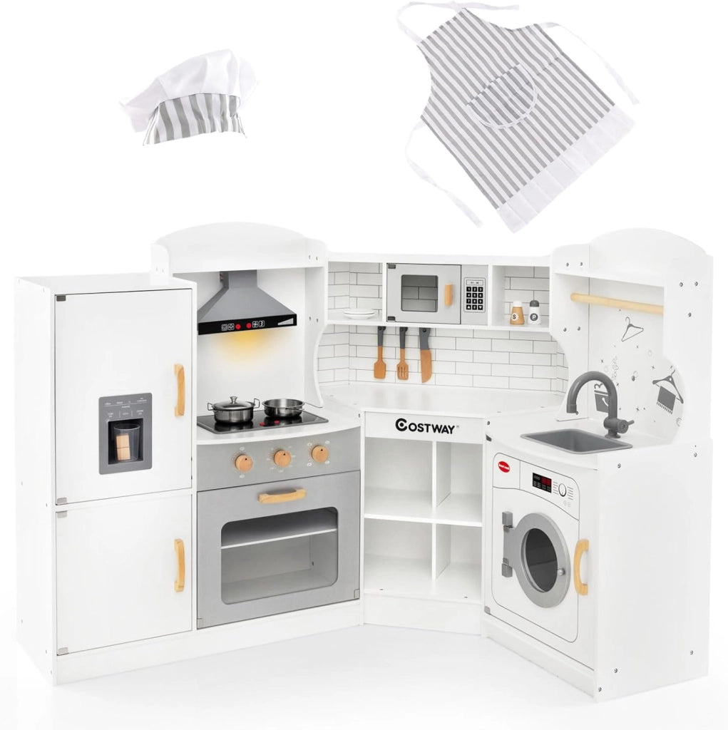 Set Gioco da Cucina per Bambini d'Angolo, Cucina Giocattolo in Legno con Macchina di Ghiaccio, Microonde, Lavatrice e Accessori, con Suoni e Luci, per Bambini 3-10 Anni (Bianco)