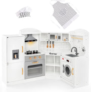 Set Gioco da Cucina per Bambini d'Angolo, Cucina Giocattolo in Legno con Macchina di Ghiaccio, Microonde, Lavatrice e Accessori, con Suoni e Luci, per Bambini 3-10 Anni (Bianco)