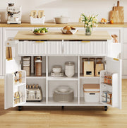 Isola cucina mobile con piano pieghevole, bianco e naturale