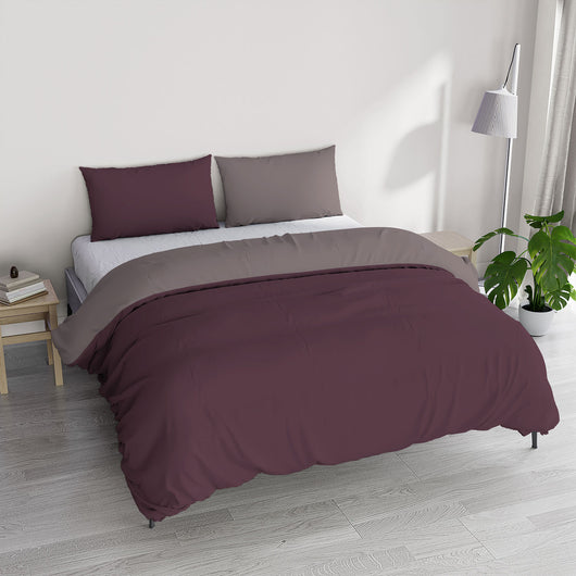 Copripiumino Matrimoniale con Sacco e Federe in Tinta Unita Double Face Linea Zoe Vinaceo e Rosa Antico