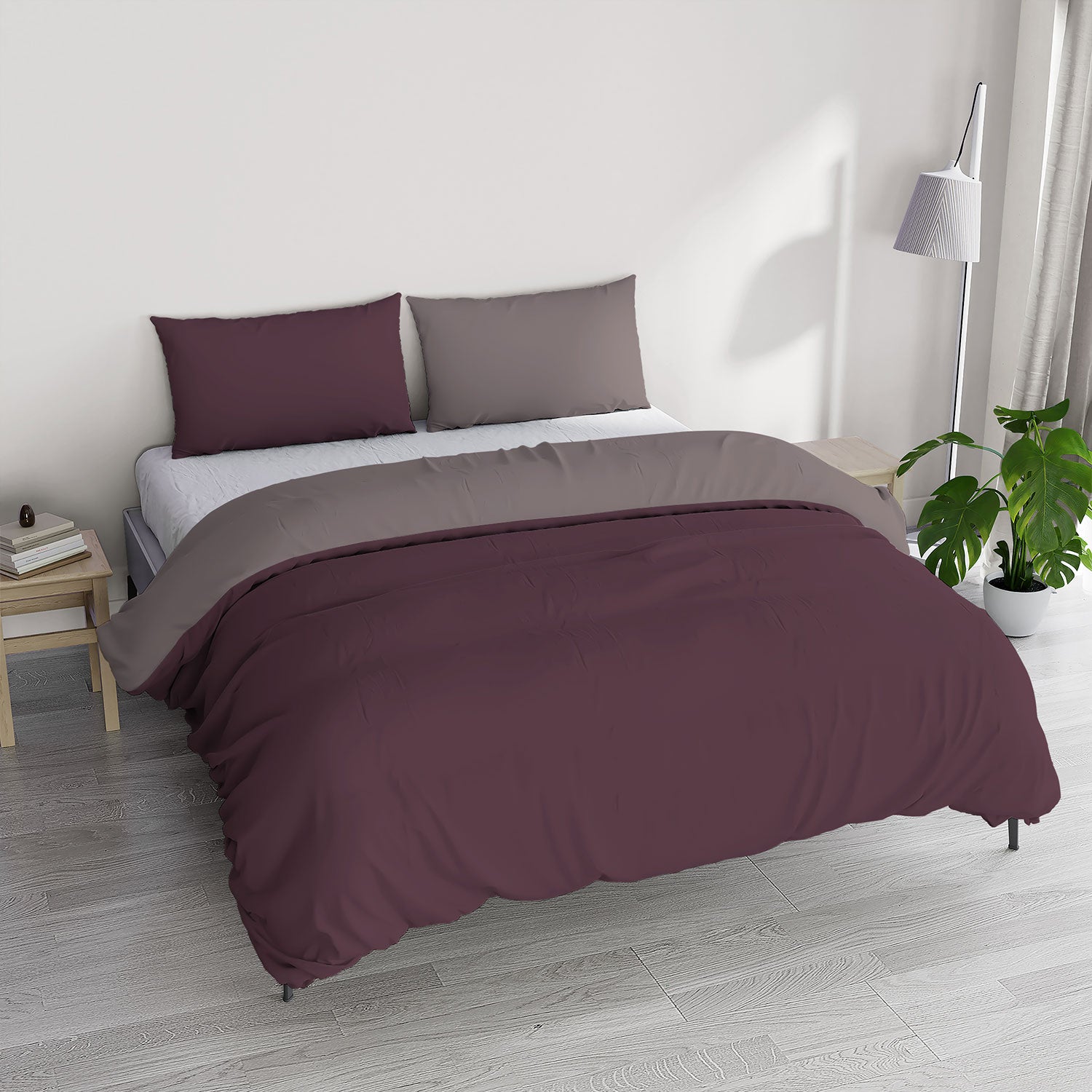 Copripiumino Piazza E Mezza con Sacco e Federe in Tinta Unita Double Face Linea Zoe Vinaceo e Rosa Antico