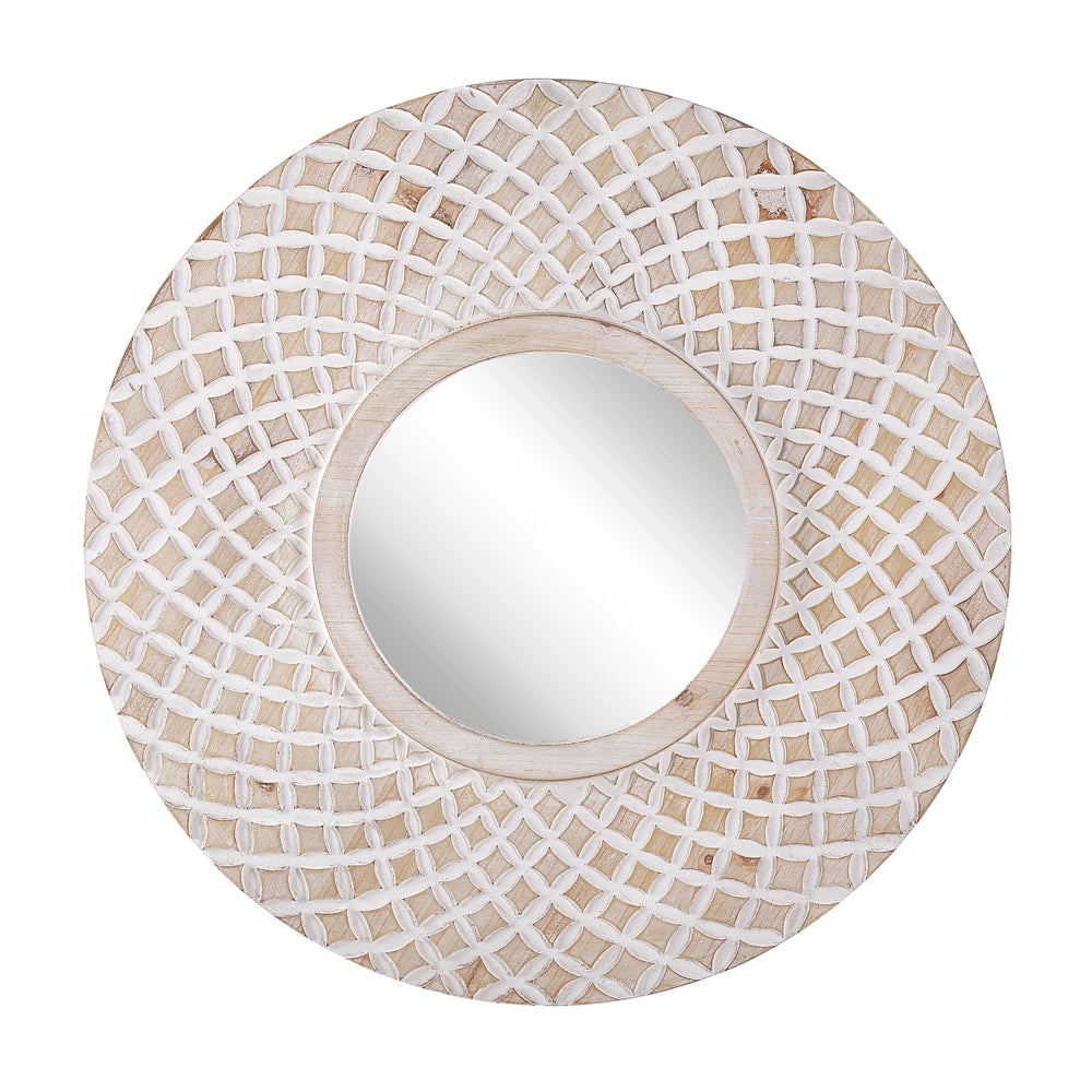 Specchio da parete in marrone chiaro rotondo 60 cm cornice fatta a mano bianco quadrifoglio motivo geometrico Boho rustico