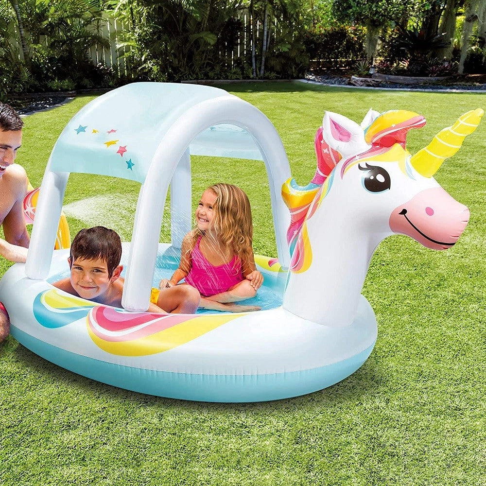 Trade Shop - Piscina Spruzzo Baldacchino Forma Unicorno Gonfiabile 254x132x109cm Bambini 58435 -
