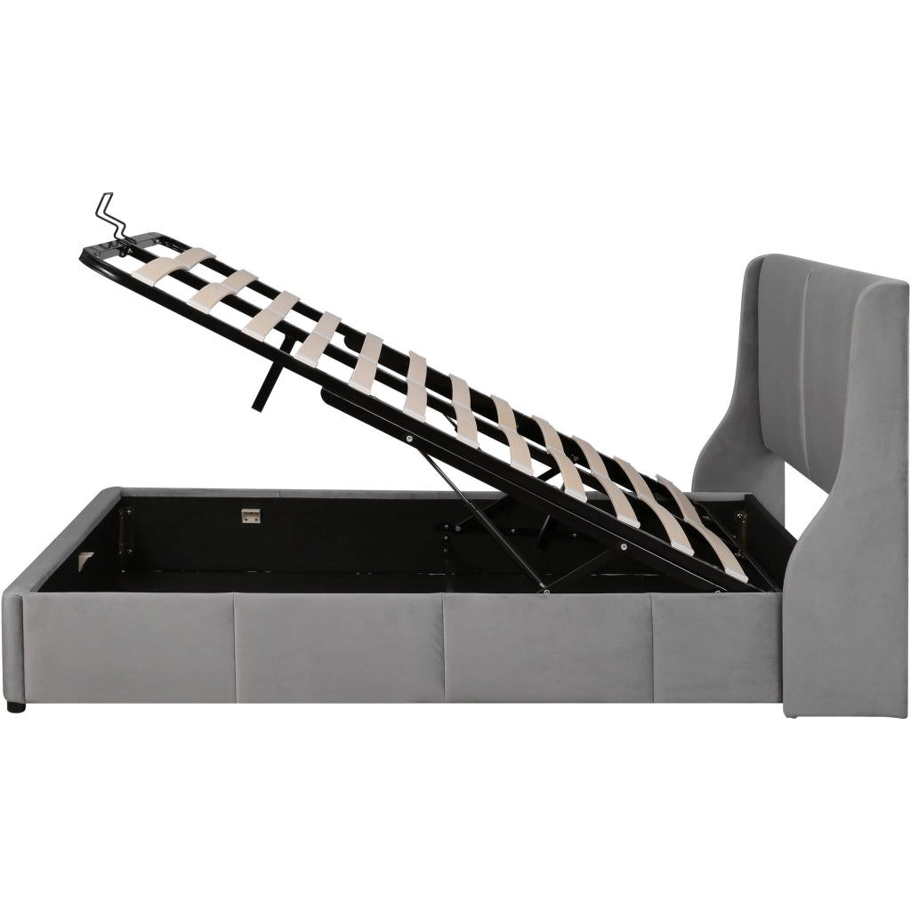 Letti contenitori 140x190 cm; testiera a orecchie; velluto grigio (Senza materasso)