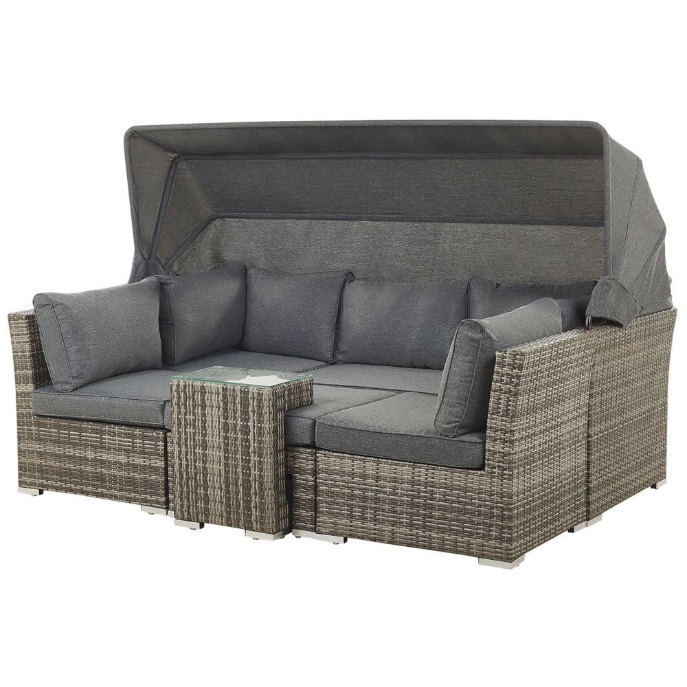 Set da giardino per esterni Divano in rattan PE grigio marrone scuro con sedie a baldacchino e tavolino Design moderno