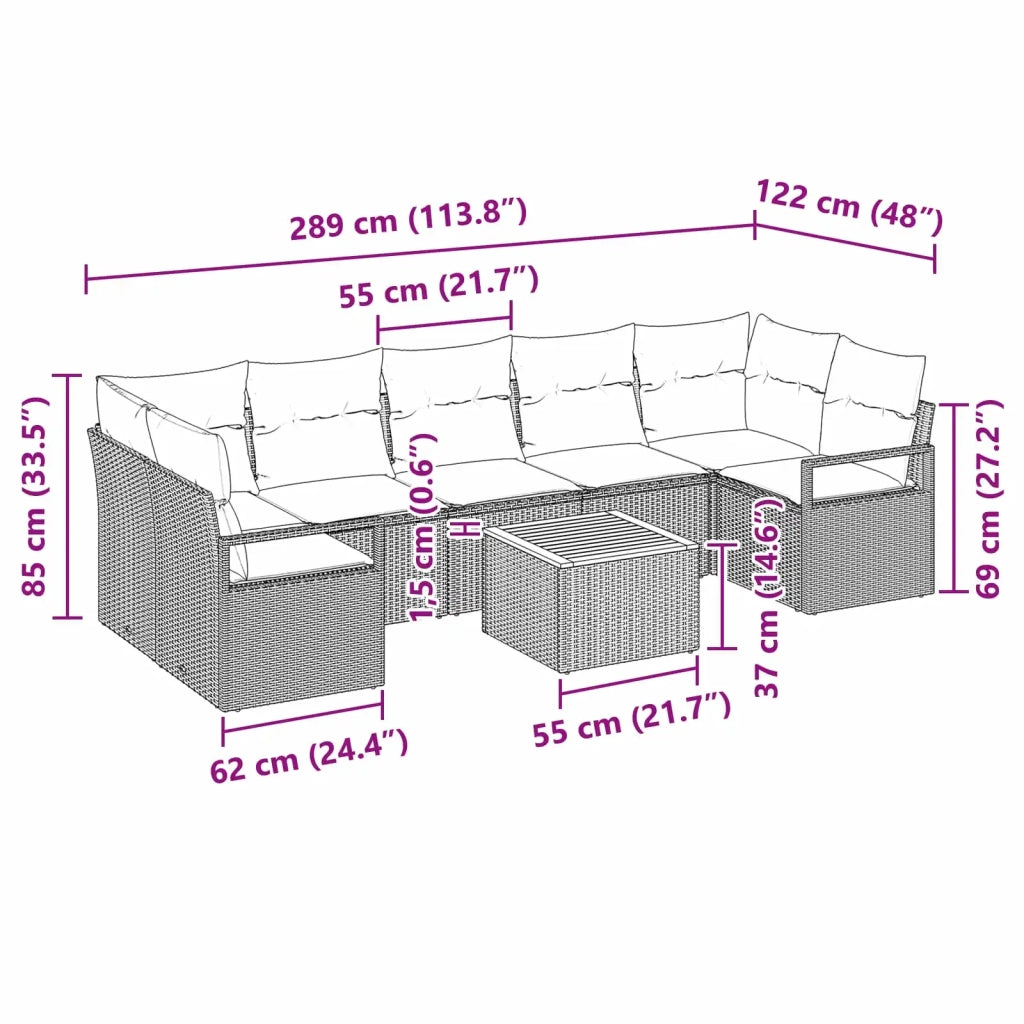 Set Divano da Giardino con cuscino 8 pcs Nero polyrattan