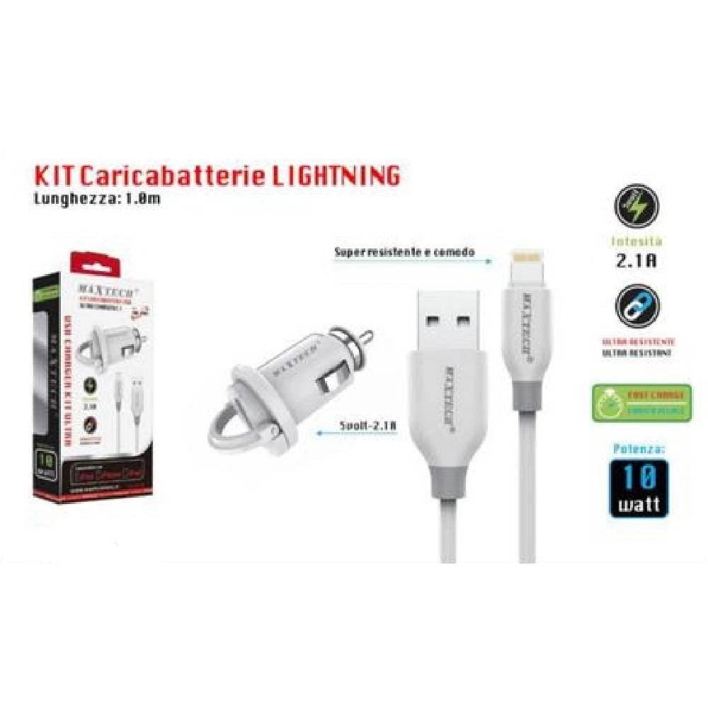 Trade Shop - Kit Caricabatterie Lightning 1mt Ricarica Auto Cavo Dati 10 Watt Maxtech Ma-ip03 -