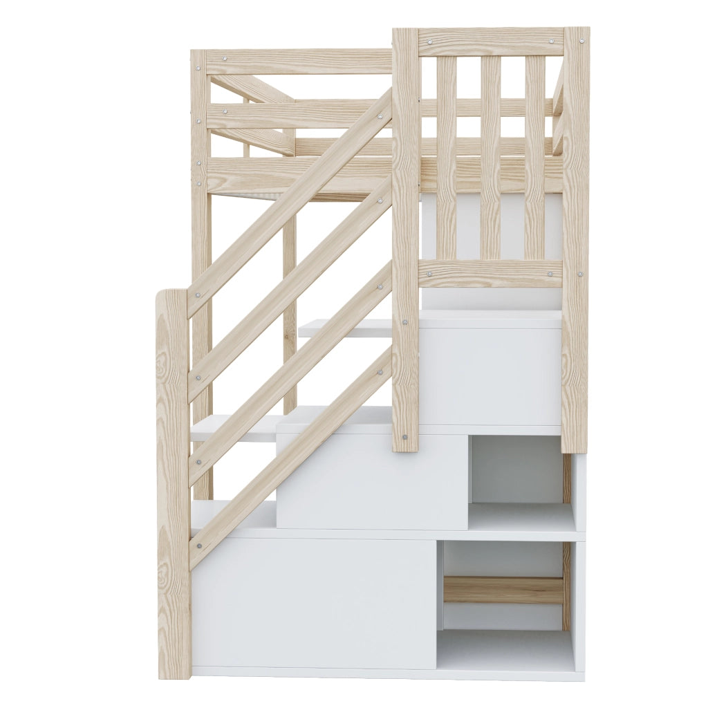 LETTO a soppalco 90x200 cm in legno naturale/bianco con scala laterale e LED