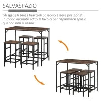 Set Tavolo Alto con 4 Sgabelli Stile Industriale in Metallo e Legno, Arredamento Moderno Soggiorno e Cucina, Marrone Rustico