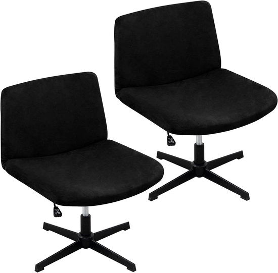 Set di 2 cuscini per seggiolino per sedia senza braccioli, in tessuto stretch, nero, con cuscini per capo rotativi con gambe incrociate.