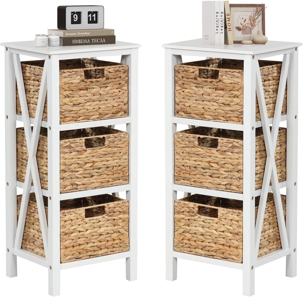 Comodino con cesto portaoggetti, tavolo da notte, stile fresco, tavolino da pranzo, design rinforzato a X (set di 2, 3 ripiani con 3 cestini, 36 x 30 x 80 cm)