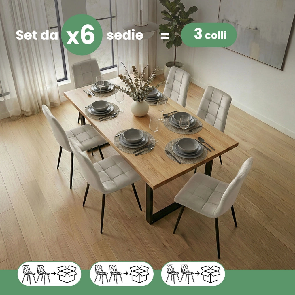 Set di 6 Sedie in velluto trapuntate NERO Beige gambe nere