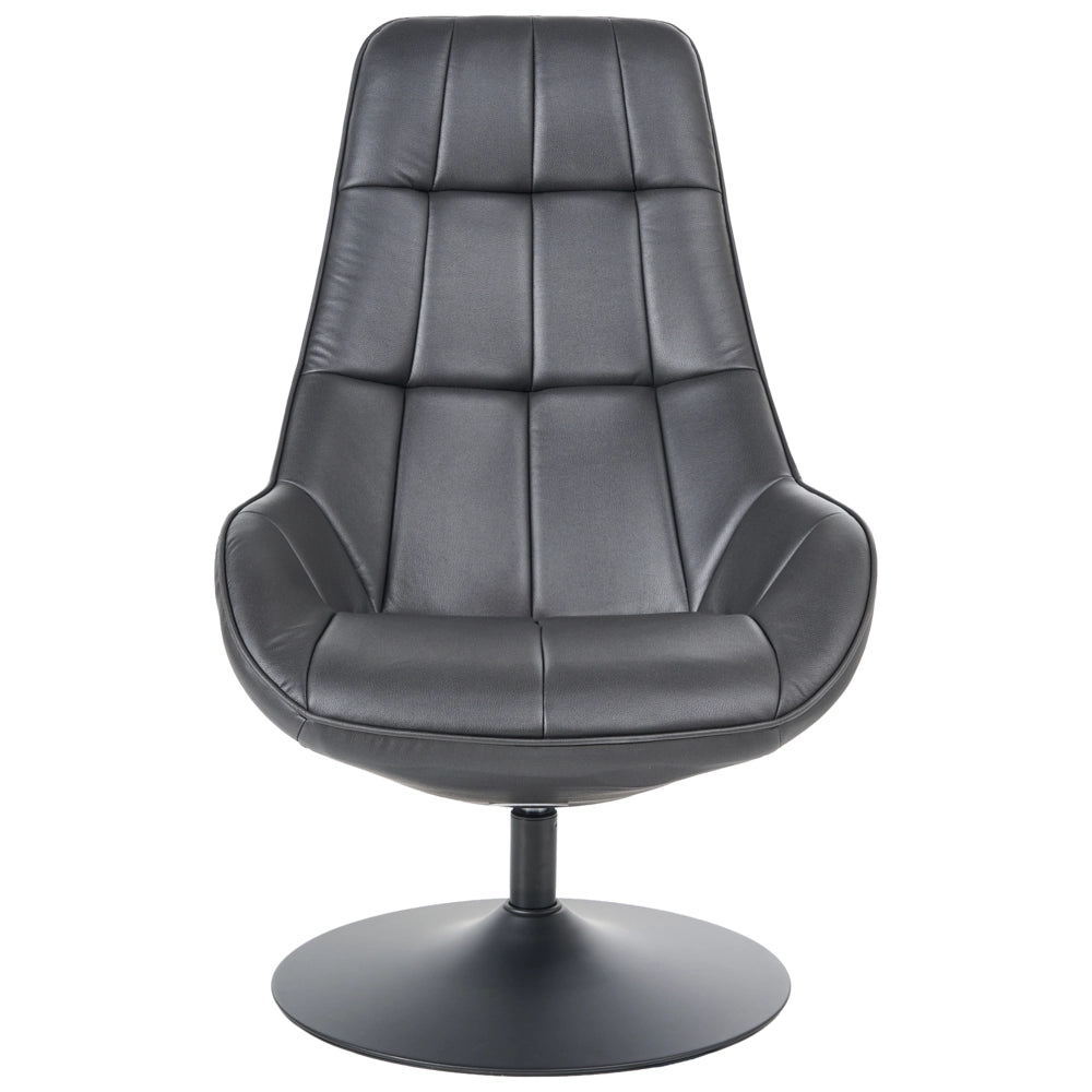 Poltrona girevole in ecopelle nero, base singola, con seduta imbottita e cuciture decorative, stile moderno di metà secolo