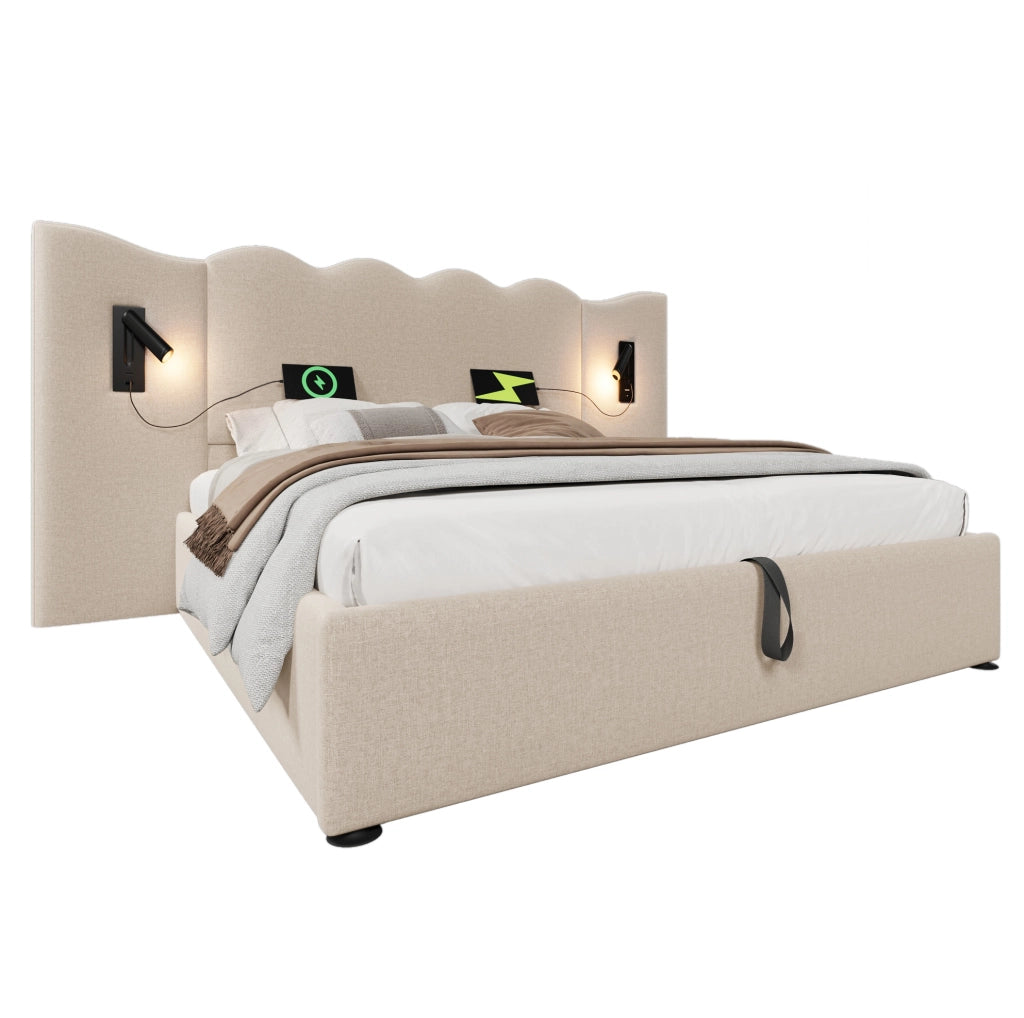 Letto matrimoniale 160x200 cm in lino beige con luce da lettura; USB Type-C e vano contenitore
